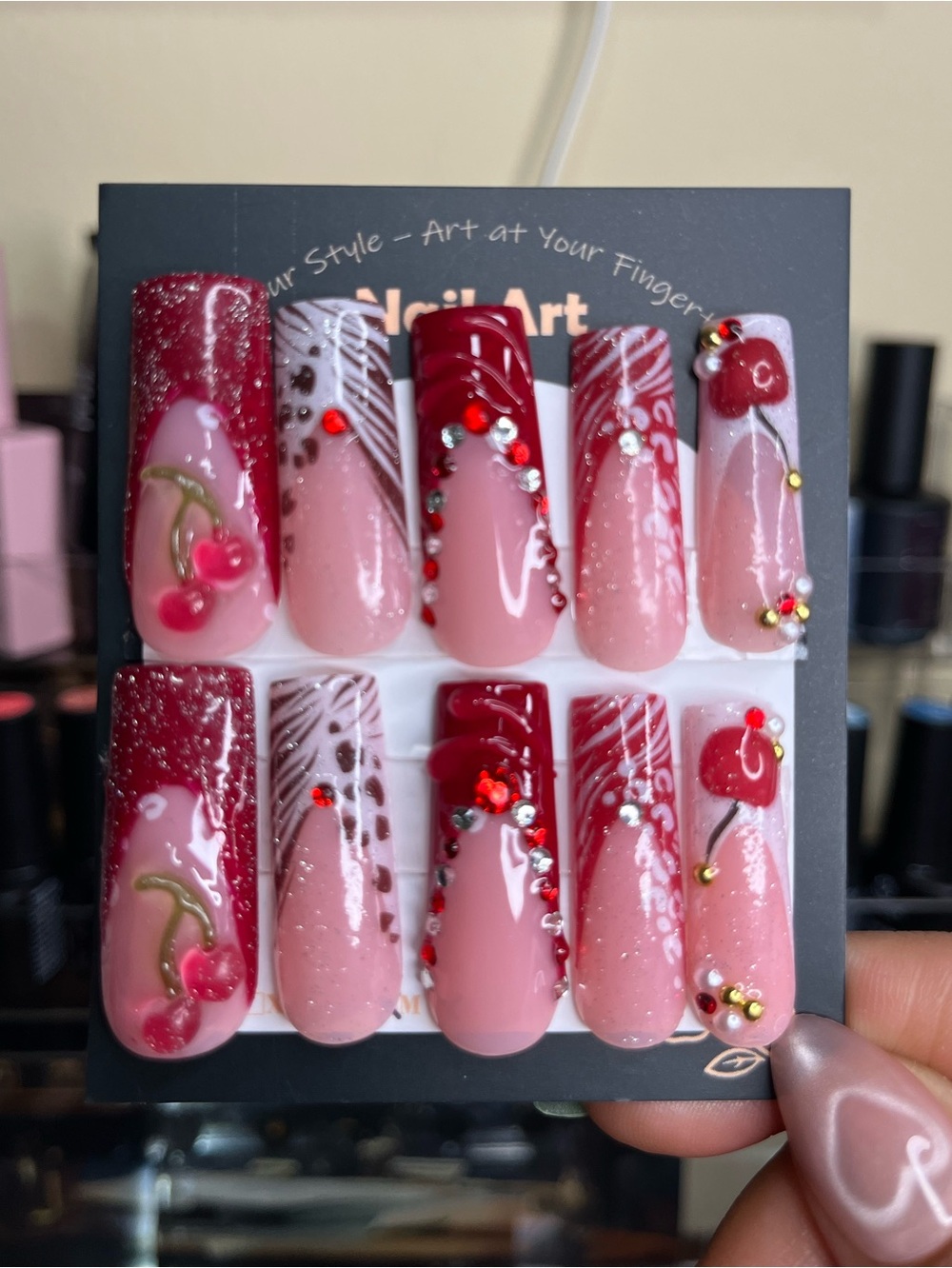 Cherry Red & Pink Rhinestone Press-On Nail Set M/L
